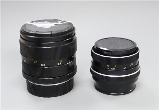 A Leica Summicron - R 1:2 / 90, E55 lens, no. 3615112 and a Carl Zeiss Planar 1.8 / 50 no. 5498508